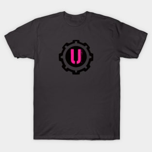 Pink Letter U in a Black Industrial Cog T-Shirt